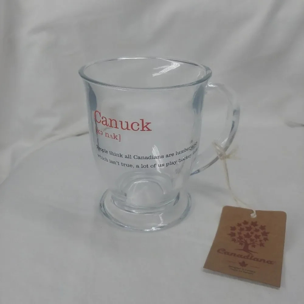 Canadiana Canuck Glass Coffee Mug Cup Clear 460mL